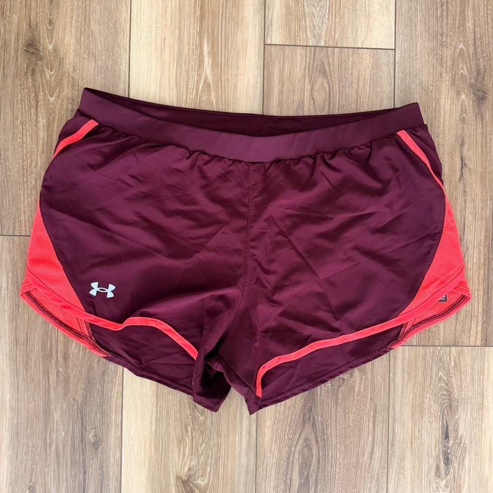 Under Armour HeatGear Running Shorts (Women’s XL/TG/EG) Maroon + Coral Mesh